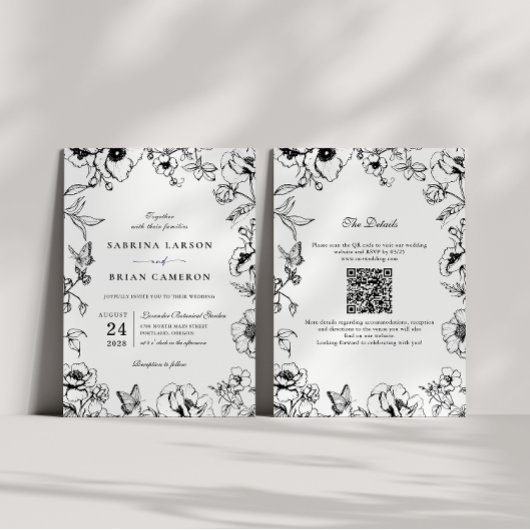 Elegant Black White Floral Garden QR Code Wedding Kaart