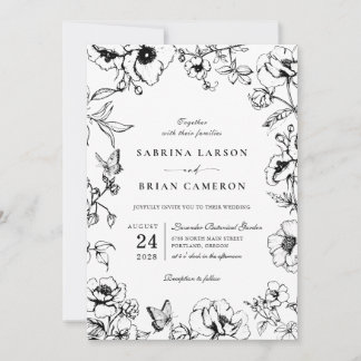 Elegant Black | White Floral Garden Wedding Photo Kaart