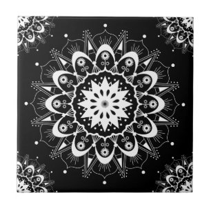 Elegant Black White Floral Geometric Mandala Tegeltje