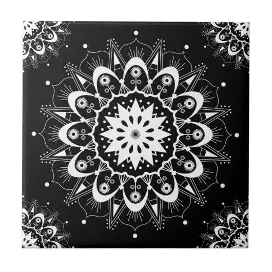 Elegant Black White Floral Geometric Mandala Tegeltje (Voorkant)