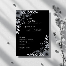 Elegant Black & White Floral Hand-Drawn Wedding Kaart