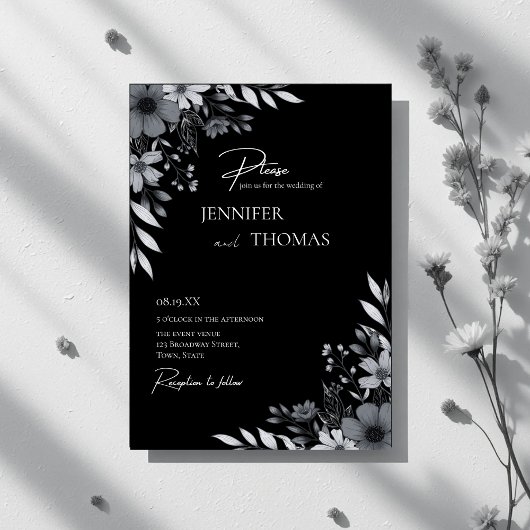 Elegant Black & White Floral Hand-Drawn Wedding Kaart
