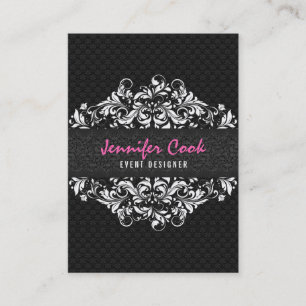 Elegant Black & White  Floral Lace 2a Visitekaartje