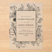 Elegant Black White Floral Line Art Wedding Acryl Uitnodigingen (Voorkant)