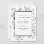 Elegant Black White Floral Line Art Wedding Kaart (Voorkant)