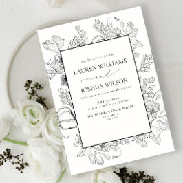 Elegant Black White Floral Line Art Wedding Kaart