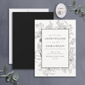 Elegant Black White Floral Line Art Wedding Kaart