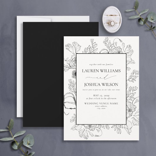 Elegant Black White Floral Line Art Wedding Kaart