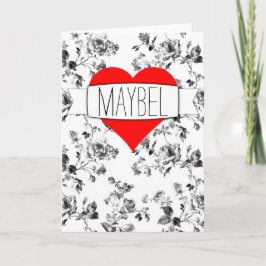 Elegant Black & White Floral met helder rood hart Feestdagen Kaart