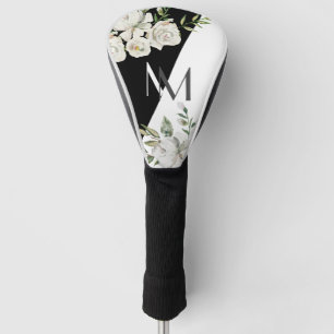 Elegant Black & White Floral Monogram Golfheadcover