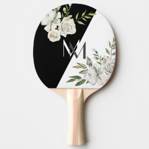 Elegant Black & White Floral Monogram Initialen Tafeltennisbatje