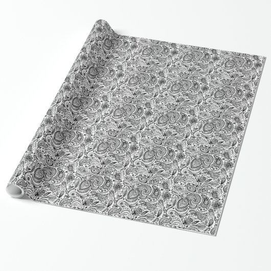 Elegant Black & White  Floral Paisley Cadeaupapier (Uitgerold)