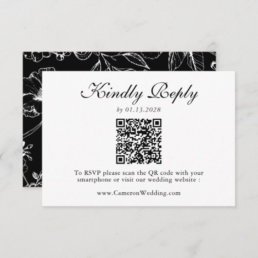 Elegant Black White Floral QR Code Wedding RSVP (Voorkant / Achterkant)