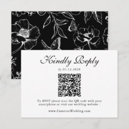 Elegant Black White Floral QR Code Wedding RSVP  Kaartje