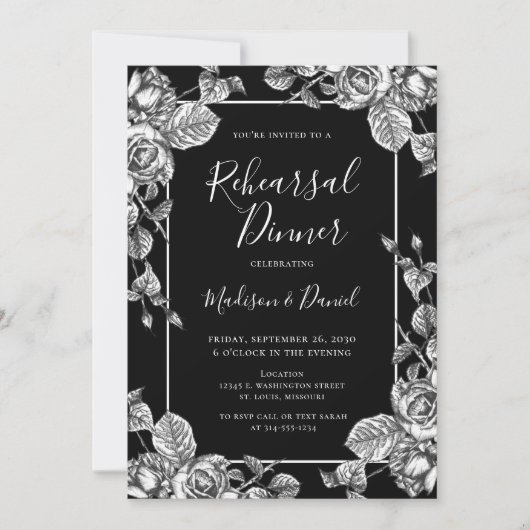 Elegant Black White Floral Rehearsal Dinner Kaart (Voorkant)