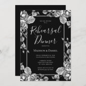 Elegant Black White Floral Rehearsal Dinner Kaart (Voorkant / Achterkant)