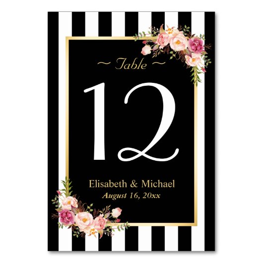 Elegant Black White Floral Wedal Table Number Kaart (Voorkant)