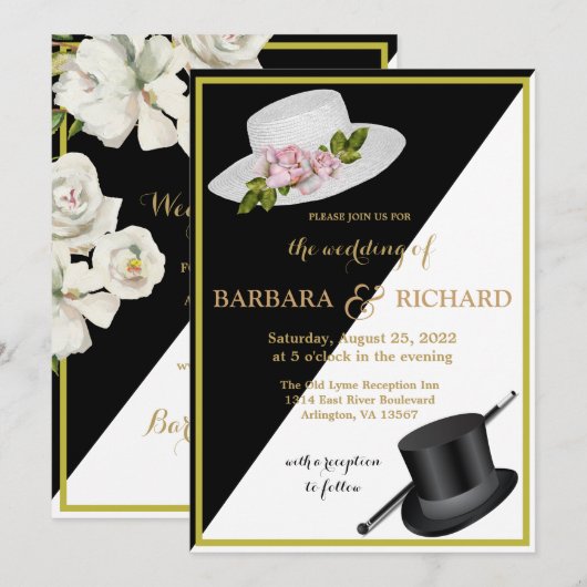 Elegant Black & White Floral Wedding Aankondiging (Voorkant / Achterkant)