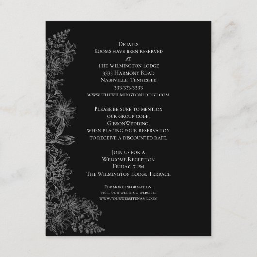 Elegant Black White Floral Wedding Details Enclos Informatiekaartje (Voorkant)