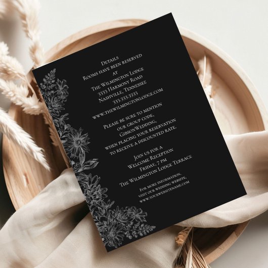 Elegant Black White Floral Wedding Details Enclos Informatiekaartje