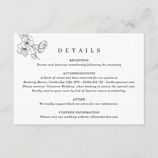 Elegant Black & White Floral Wedding Informatiekaartje (Voorkant)