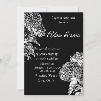 Elegant Black & White Floral Wedding Invitation Kaart