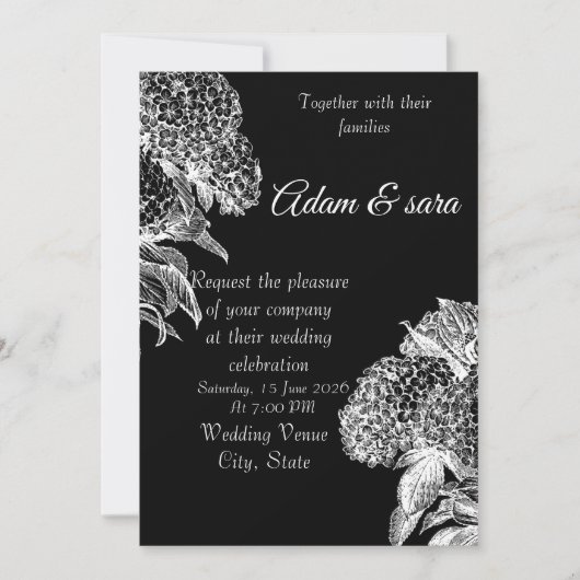 Elegant Black & White Floral Wedding Invitation Kaart (Voorkant)