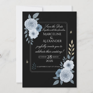Elegant Black & White Floral Wedding Invitation Kaart