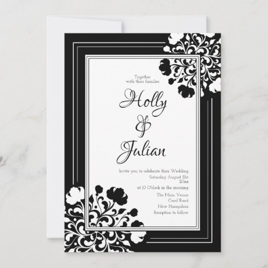 Elegant Black & White Floral Wedding Invitation Kaart (Voorkant)