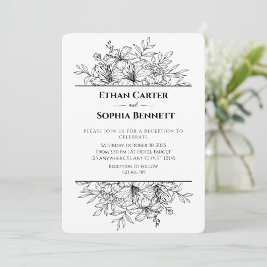 Elegant Black & White Floral Wedding Invitation Kaart (Staand voorkant)