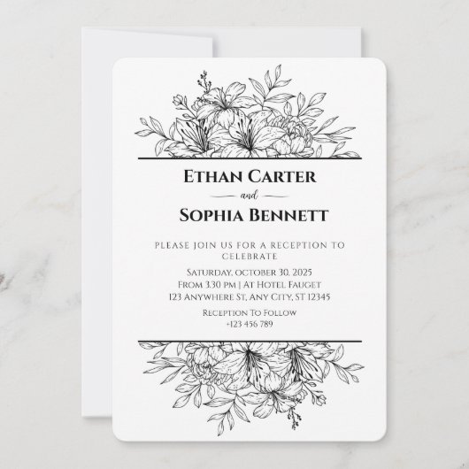 Elegant Black & White Floral Wedding Invitation Kaart (Voorkant)