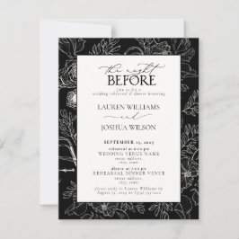 Elegant Black White Floral Wedding Rehearsal Kaart