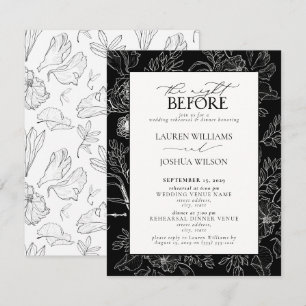 Elegant Black White Floral Wedding Rehearsal Kaart