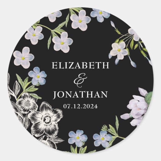 Elegant Black & White Floral Wedding Ronde Sticker (Voorkant)