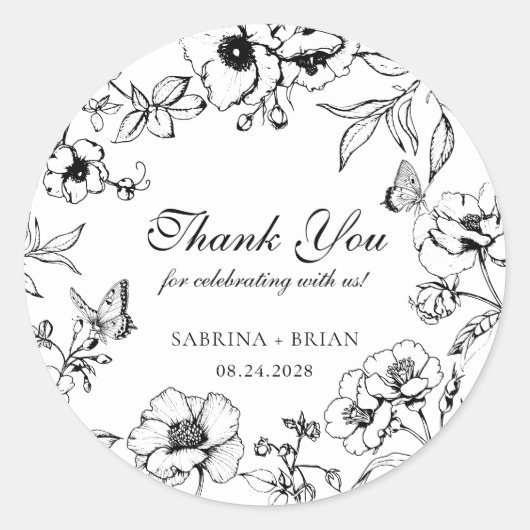 Elegant Black White Floral Wedding Thank You Ronde Sticker (Voorkant)