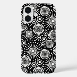 Elegant Black White Geometric Flowers Starburst iPhone 16 Hoesje