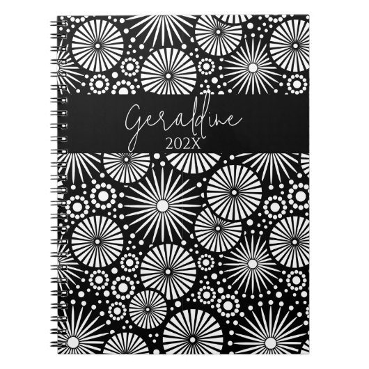 Elegant Black White Geometric Starburst Name Notitieboek (Voorkant)