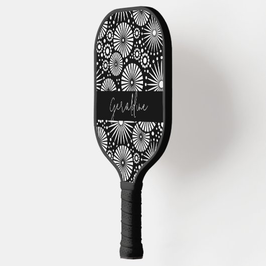 Elegant Black White Geometric Starburst Name Pickleball Paddle (Links)