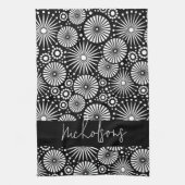 Elegant Black White Geometric Starburst Name Theedoek (Verticaal)