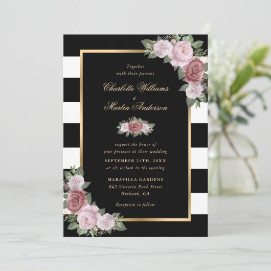 Elegant Black White Gold Blush Pink Floral Weddens Kaart (Staand voorkant)
