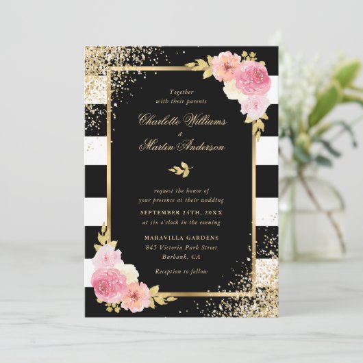 Elegant Black White Gold Blush Pink Floral Weddens Kaart (Staand voorkant)