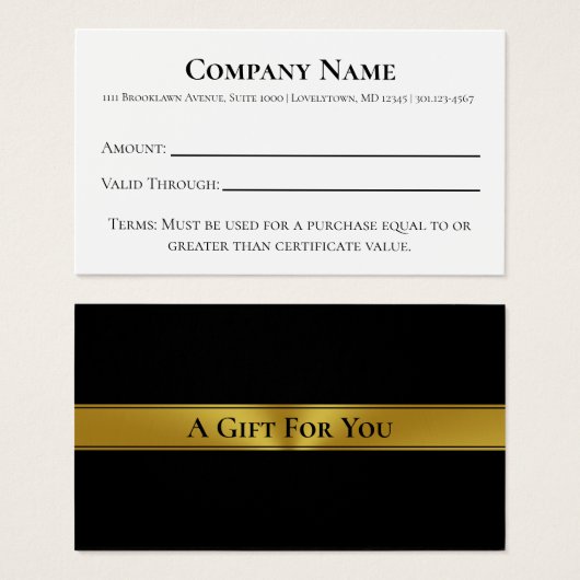 Elegant Black White & Gold Cadeaucertificaat Visitekaartje (Voorkant /achterkant)