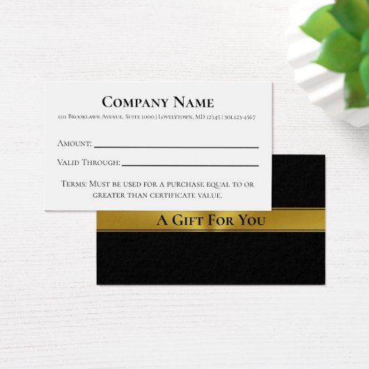 Elegant Black White & Gold Cadeaucertificaat Visitekaartje (Bureau)