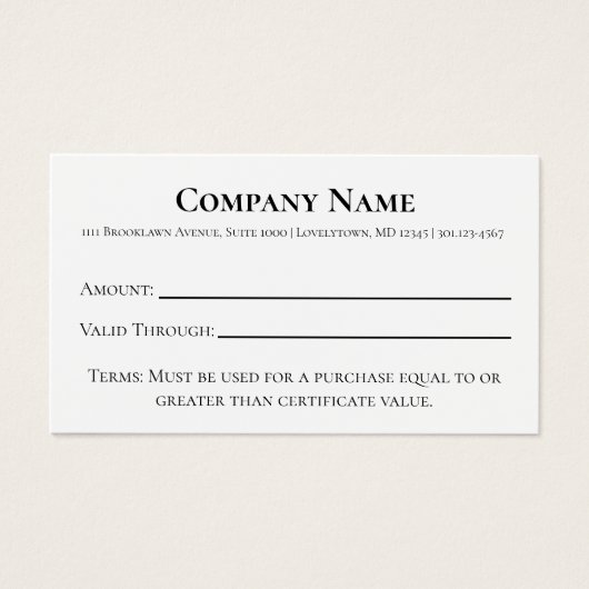 Elegant Black White & Gold Cadeaucertificaat Visitekaartje (Voorkant)