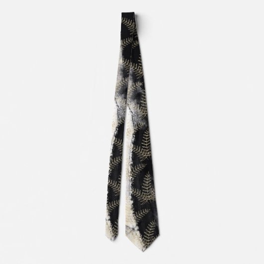 Elegant Black & White Gold Fern Leaf Wedding Stropdas (Achterkant)