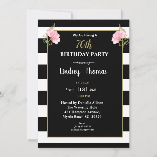 Elegant Black White Gold Floral 70e verjaardag Kaart (Voorkant)