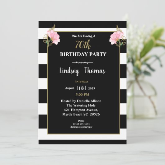 Elegant Black White Gold Floral 70e verjaardag Kaart (Staand voorkant)