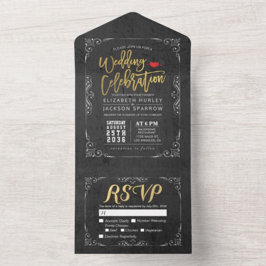 Elegant Black White Gold Floral Lijst Weddenschap  All In One Uitnodiging (Binnen)