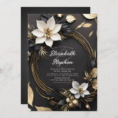 Elegant Black White Gold Floral Wreath Wedding Kaart (Voorkant / Achterkant)
