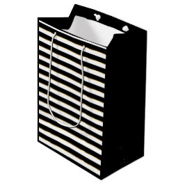 Elegant Black White Gold Horizontal Stripe Medium Cadeauzakje